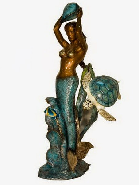 Life Size Bronze Mermaid with Sea Turtle and Shell Statues Sculptures